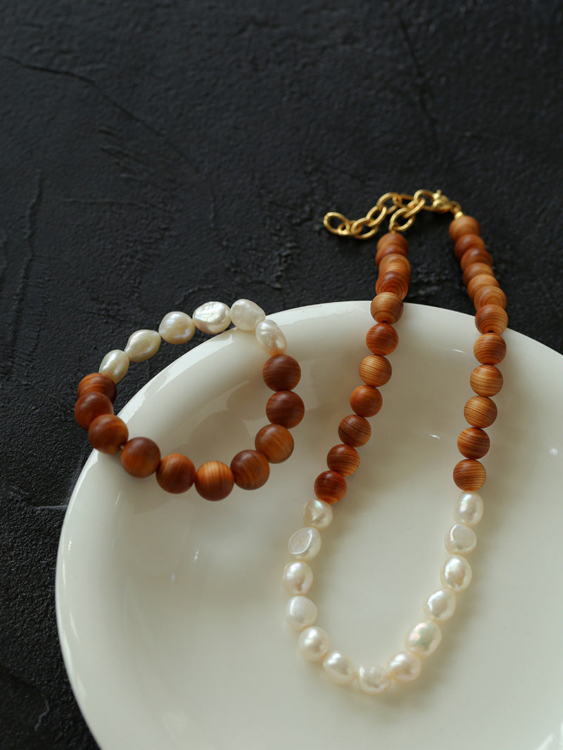 Wood Grain Bead Baroque Pearl Bracelet-Gembea Jewelry