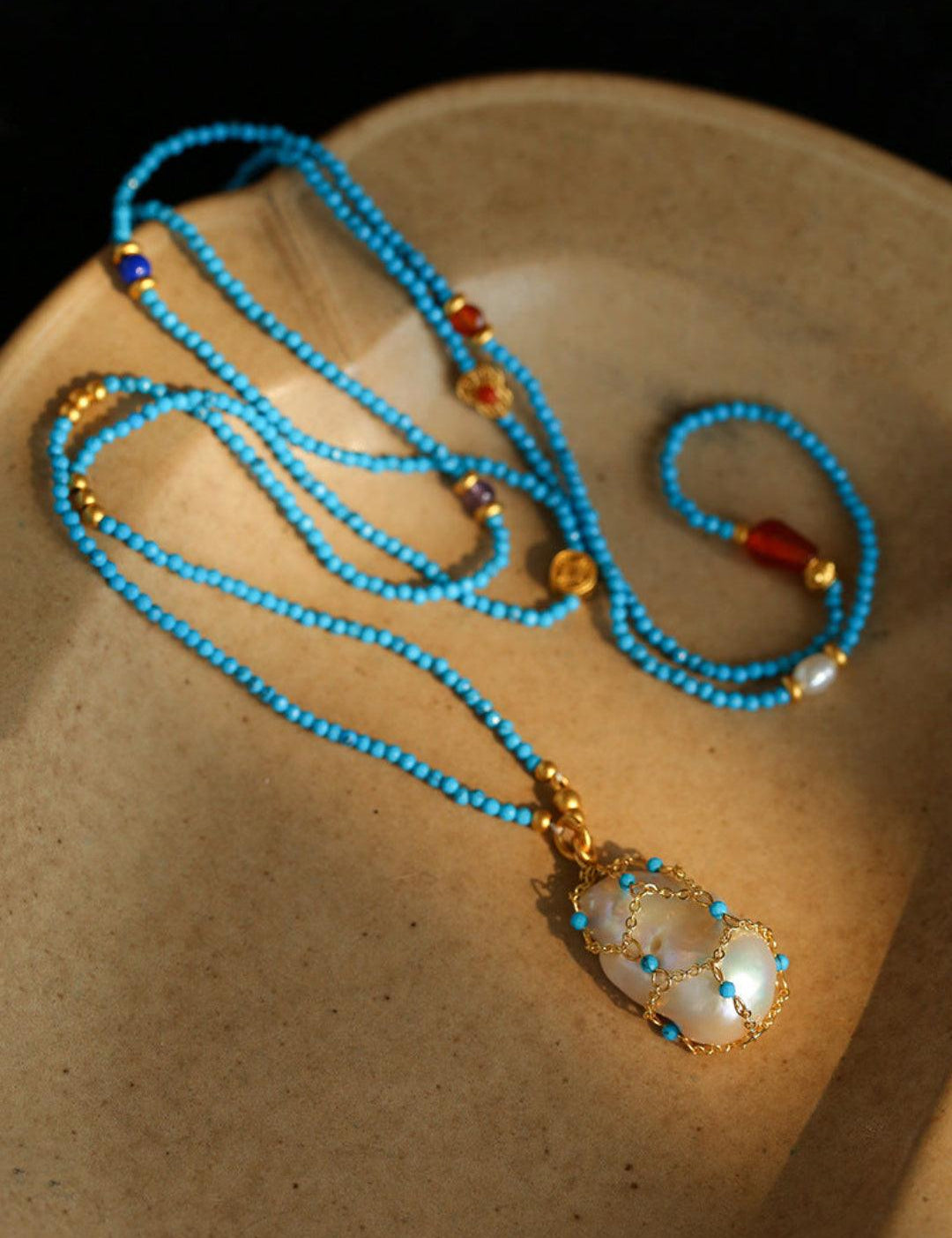 Spring Heartbeat Blue Turquoise Baroque Necklace - Gembea Jewelry