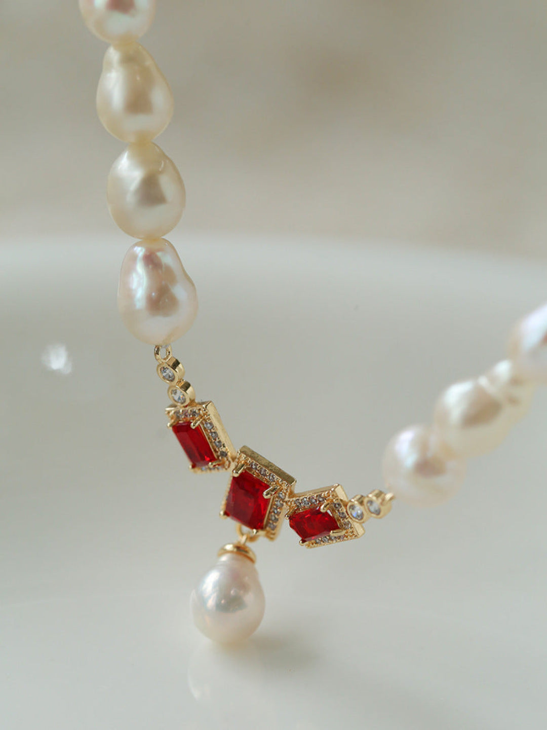 Ruby Zircon Drop Pearl Beaded Necklace