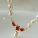 Ruby Zircon Drop Pearl Beaded Necklace