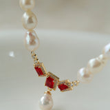 Ruby Zircon Drop Pearl Beaded Necklace