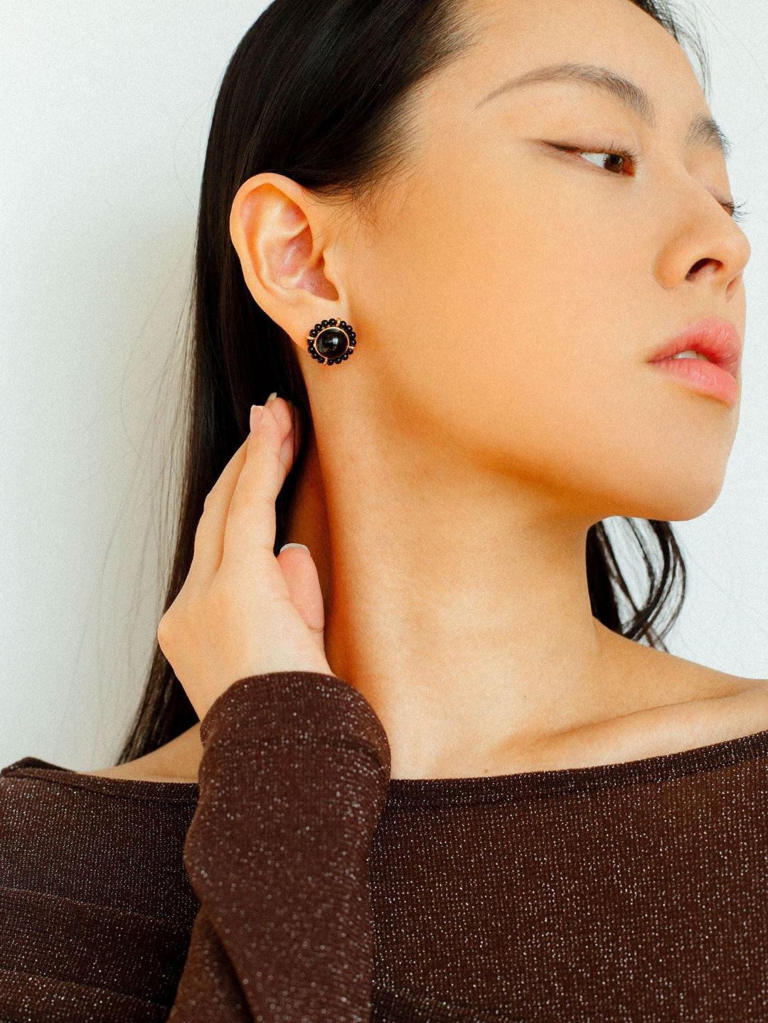 White Crystal Black and Red Agate Stud Earrings - Gembea Jewelry