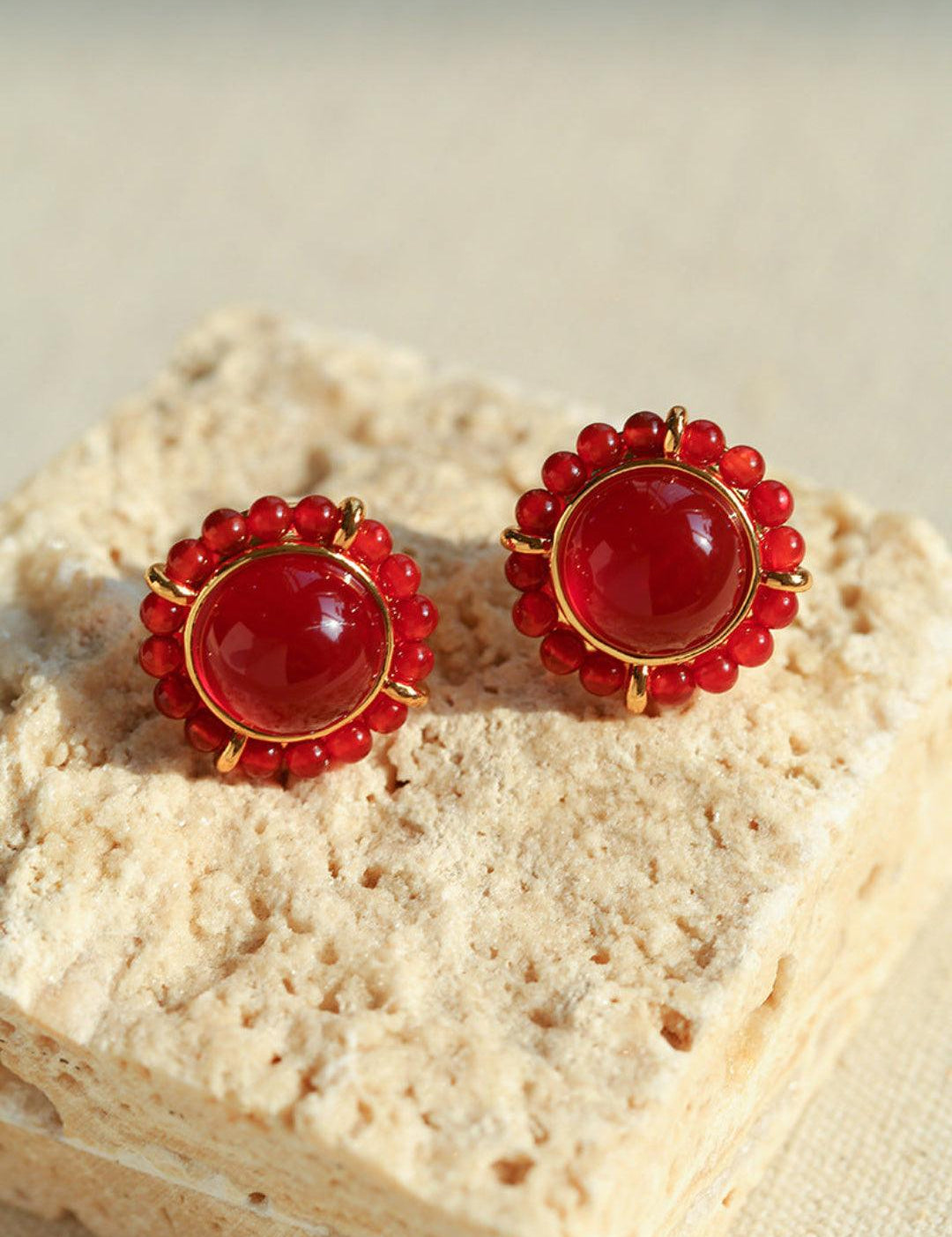 White Crystal Black and Red Agate Stud Earrings - Gembea Jewelry