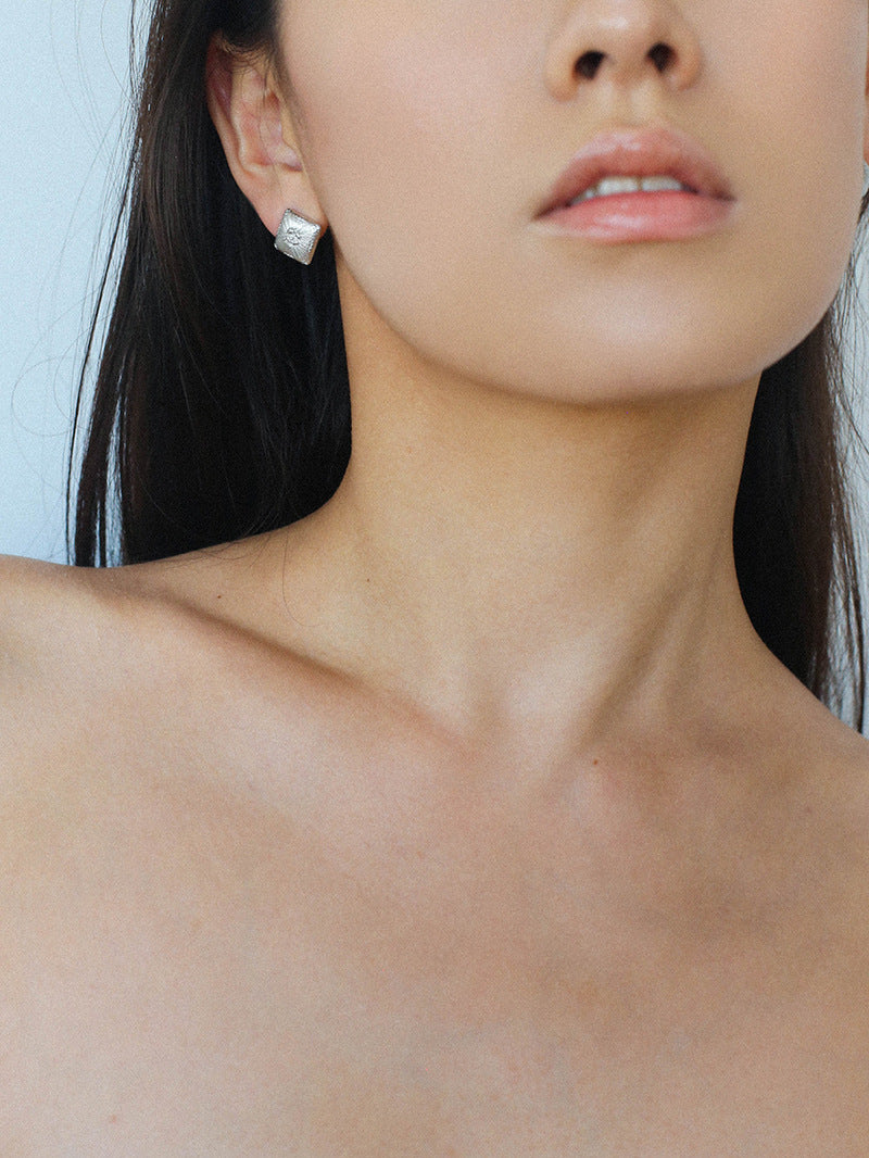 Silver Brushed Double-sided Heart Stud Earrings-Gembea Jewelry