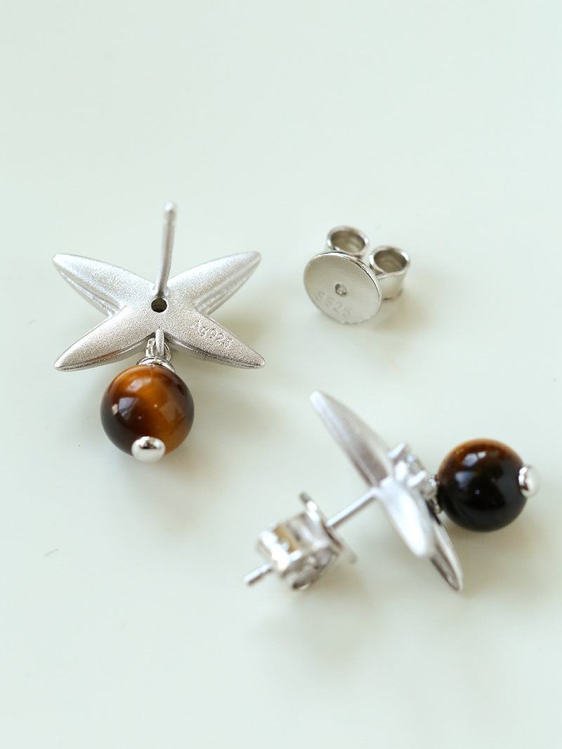 Silver Tiger's Eye Stone Stud Earrings-Gembea Jewelry