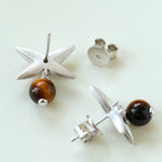 Silver Tiger's Eye Stone Stud Earrings-Gembea Jewelry