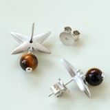 Silver Tiger's Eye Stone Stud Earrings-Gembea Jewelry