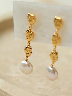 Irregular Gold Coin Button Pearl Earrings