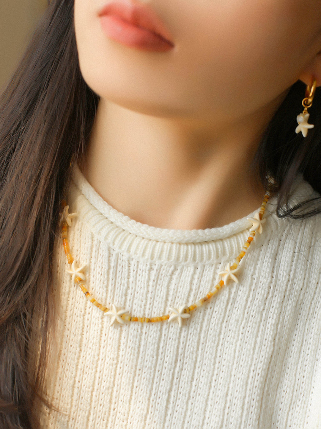 Holiday Yellow Pearl Shell Starfish Beaded Necklace