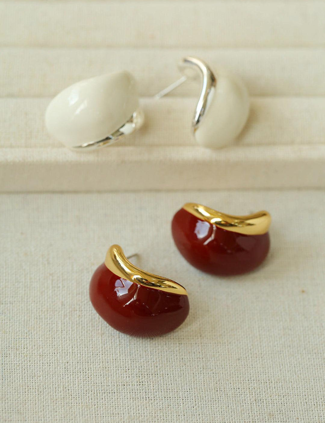 Cream White Wine Red Enamel Earrings - Gembea Jewelry
