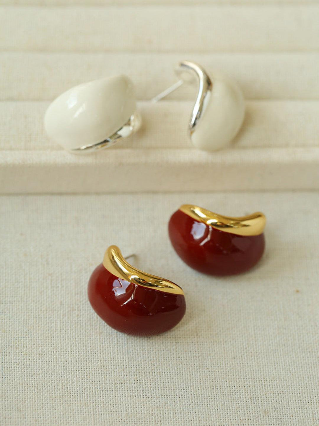 Cream White Wine Red Enamel Earrings - Gembea Jewelry