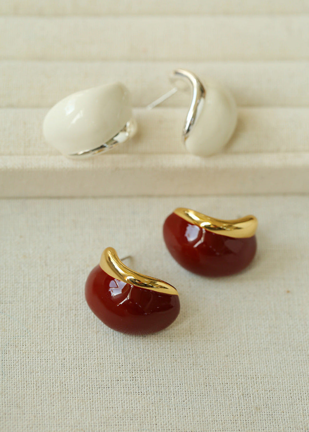 Cream White Wine Red Enamel Earrings