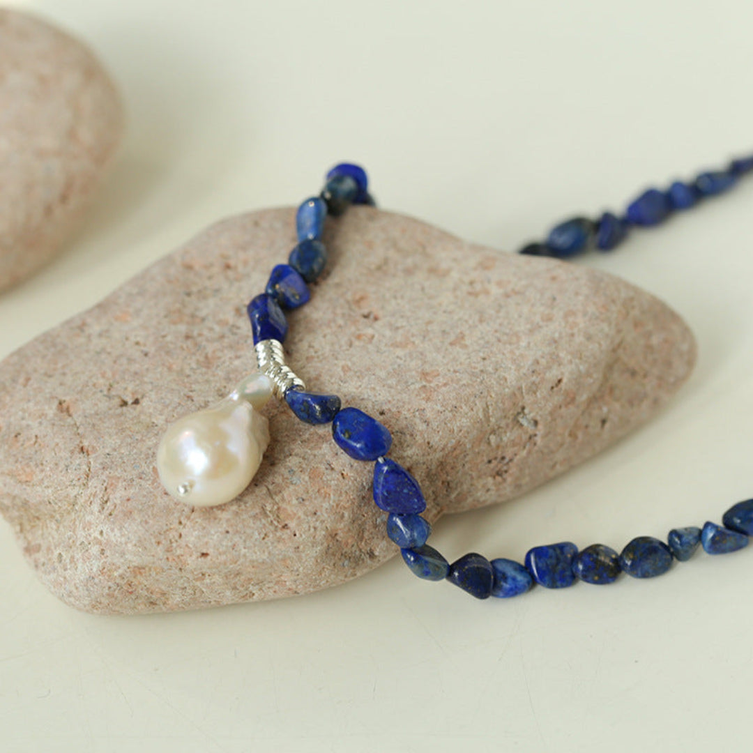 Shaped Lapis Lazuli Stone Baroque Pearl Necklace