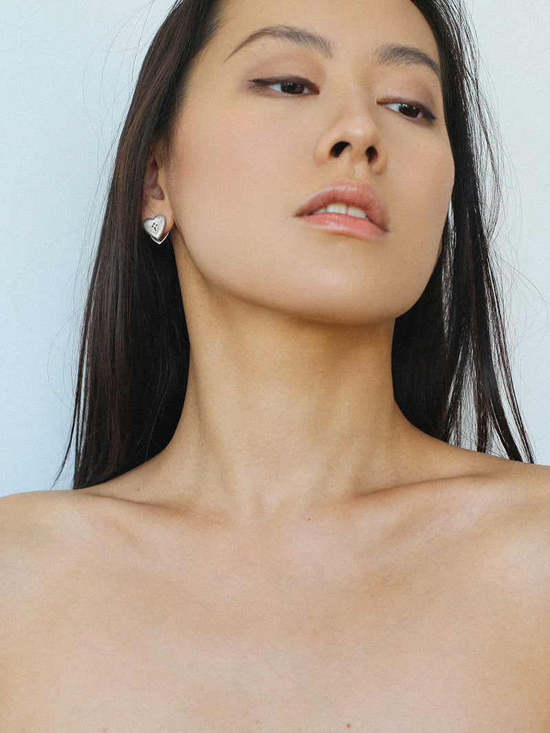 Silver Brushed Double-sided Heart Stud Earrings-Gembea Jewelry