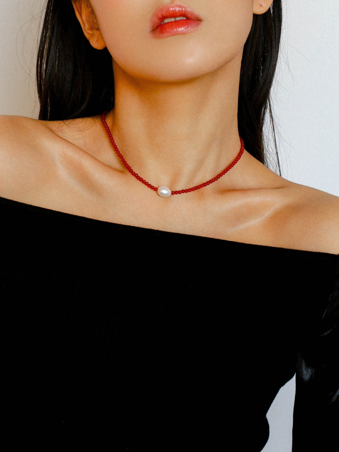 Single Pearl Black Red Agate Beaded Necklace