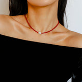 Single Pearl Black Red Agate Beaded Necklace