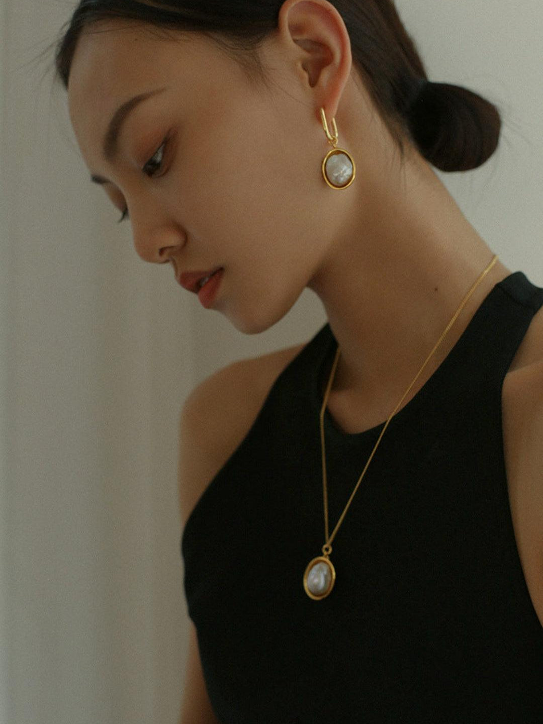 Oval Pendant Baroque Shaped Pearl Earrings - Gembea Jewelry