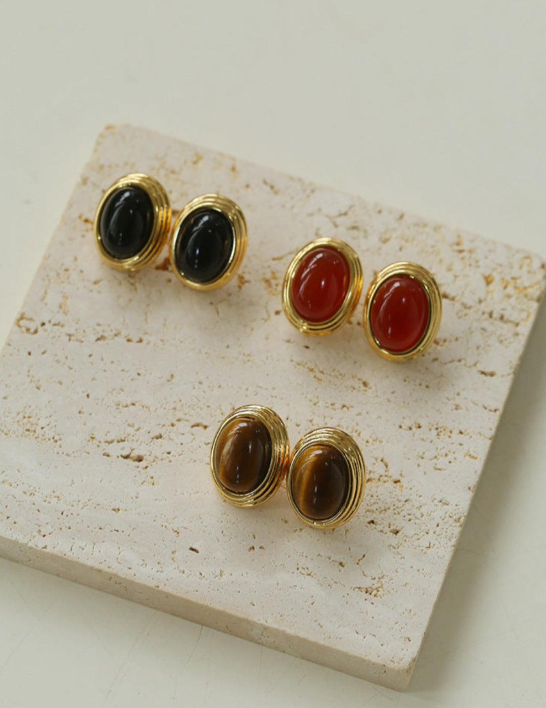 Oval Tiger Eye Stone Black Agate Earrings - Gembea Jewelry