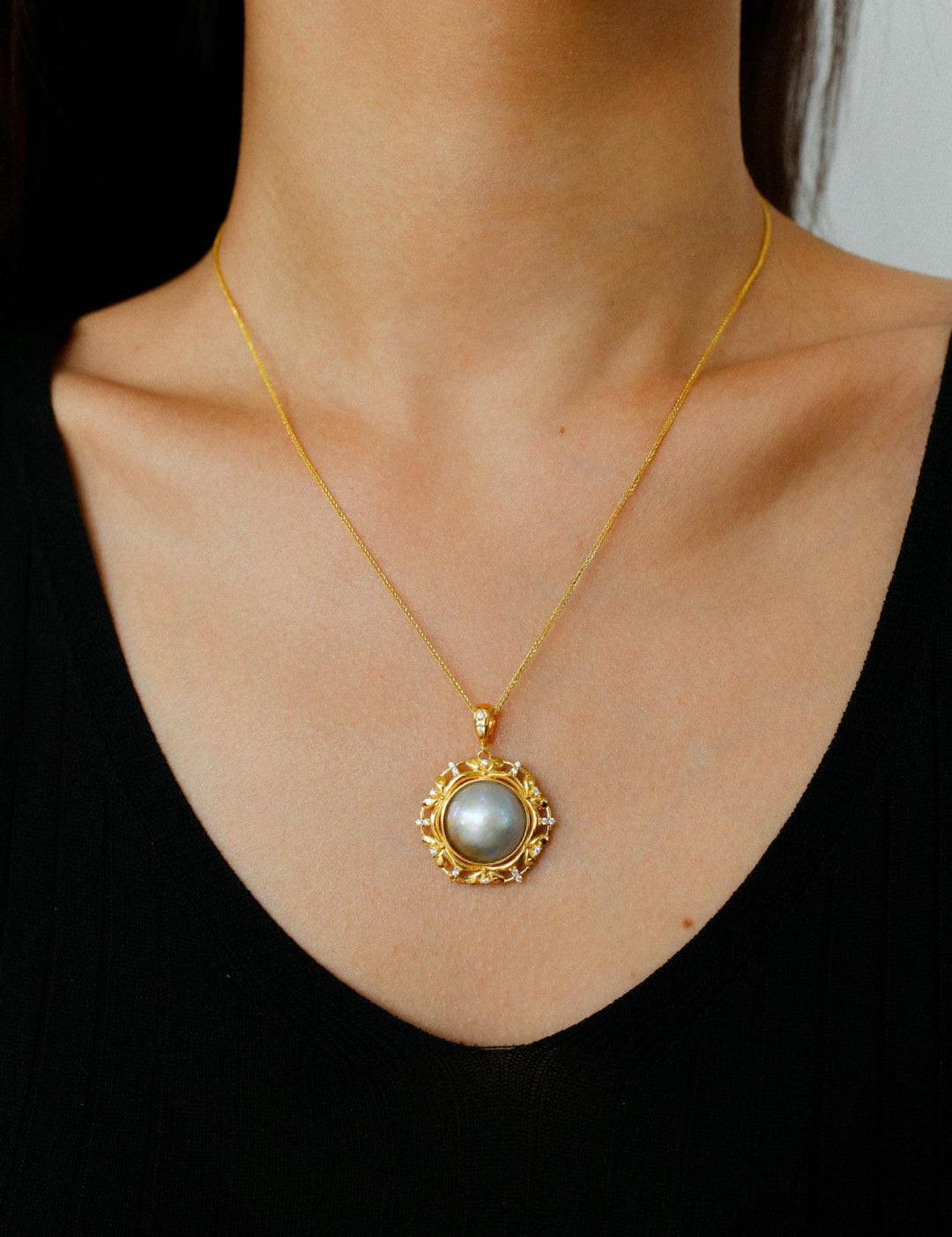 Hollow Seawater Mabe Pearl Pendant Necklace - Gembea Jewelry