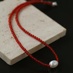 Single Pearl Black Red Agate Beaded Necklace