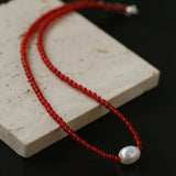 Single Pearl Black Red Agate Beaded Necklace