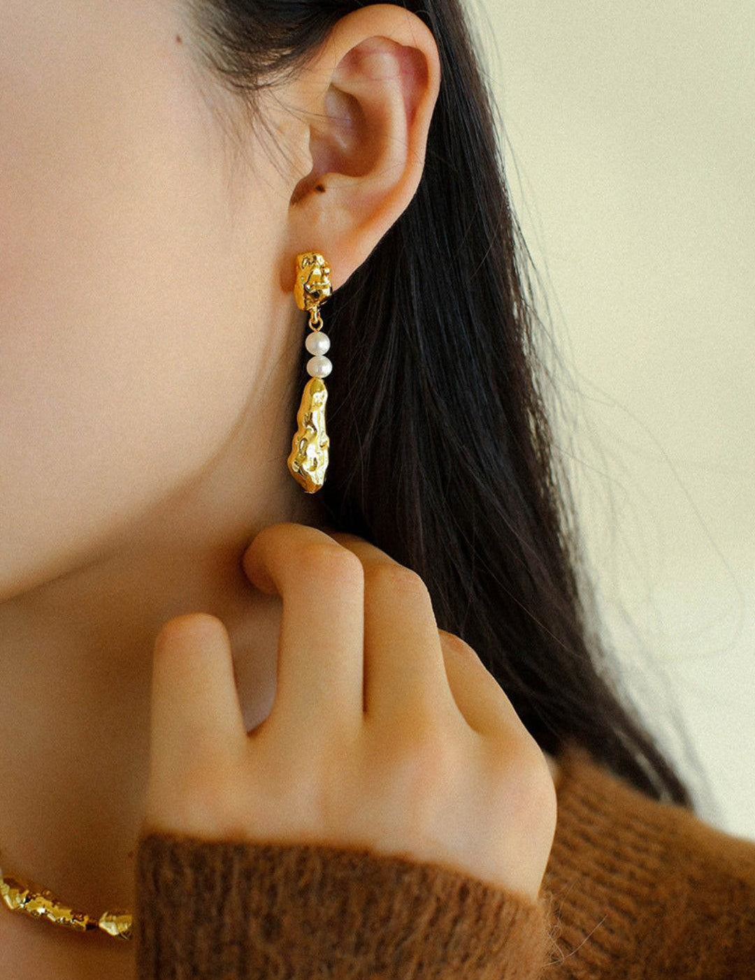 Geometric Irregular Metal Pearl Earrings - Gembea Jewelry