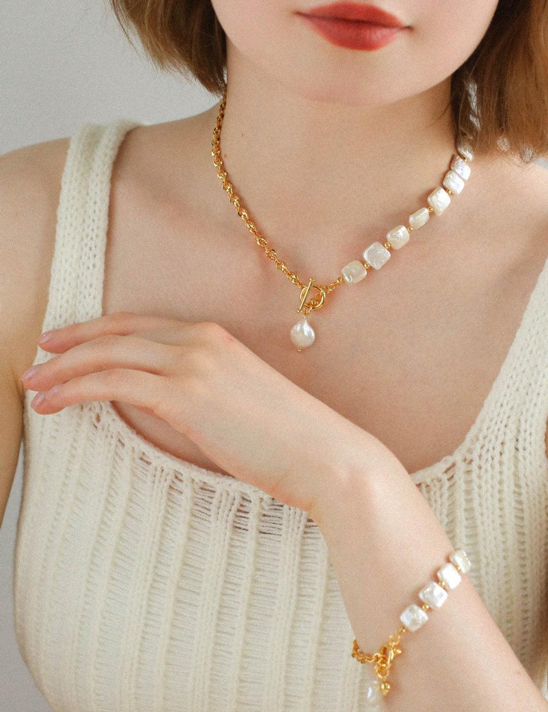 Natural Freshwater Square Pearl Chain Necklace - Gembea Jewelry
