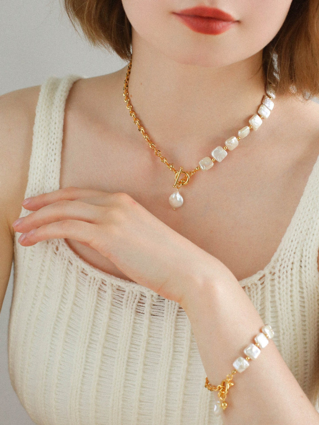 Natural Freshwater Square Pearl Chain Necklace