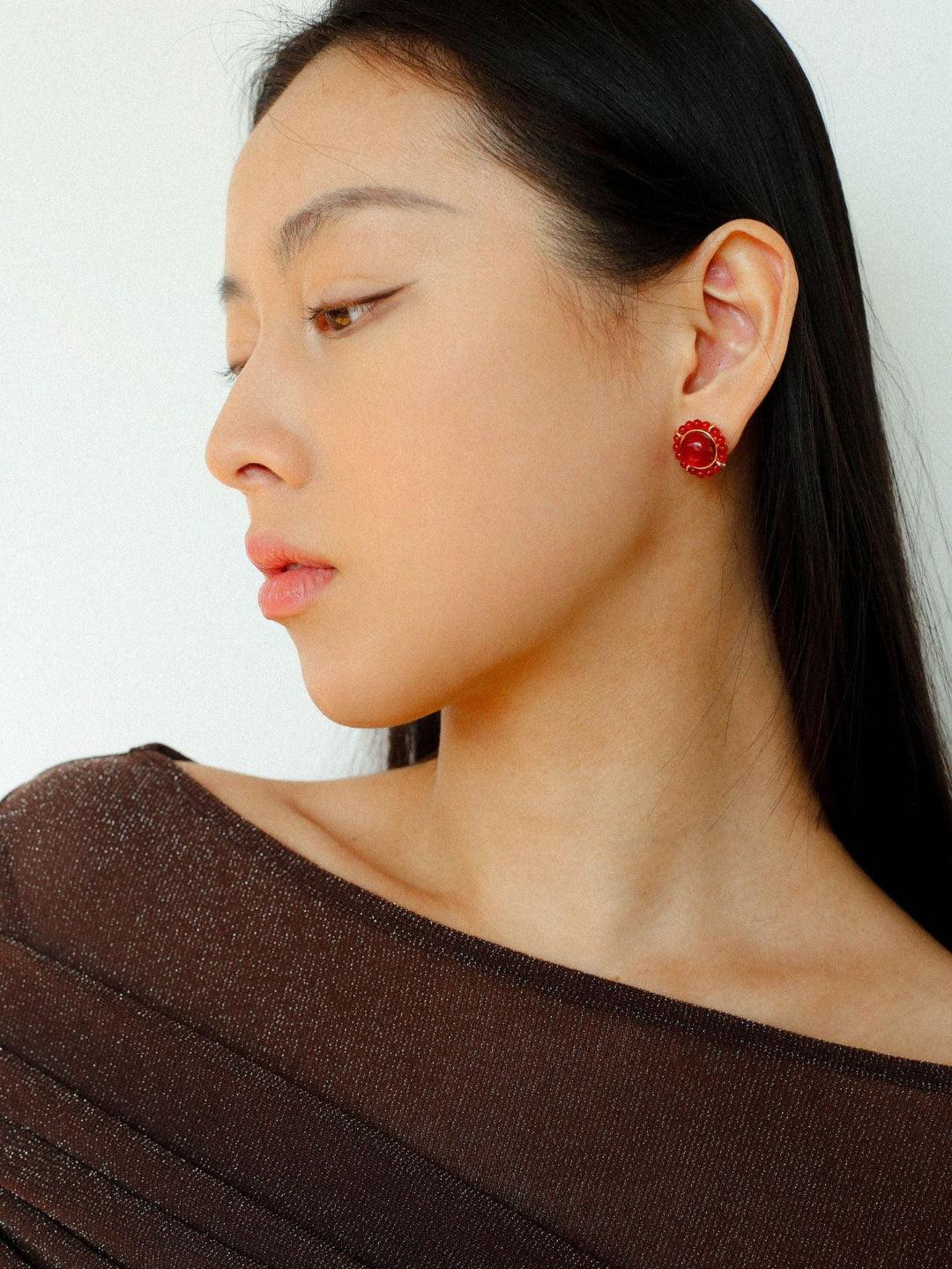 White Crystal Black and Red Agate Stud Earrings - Gembea Jewelry