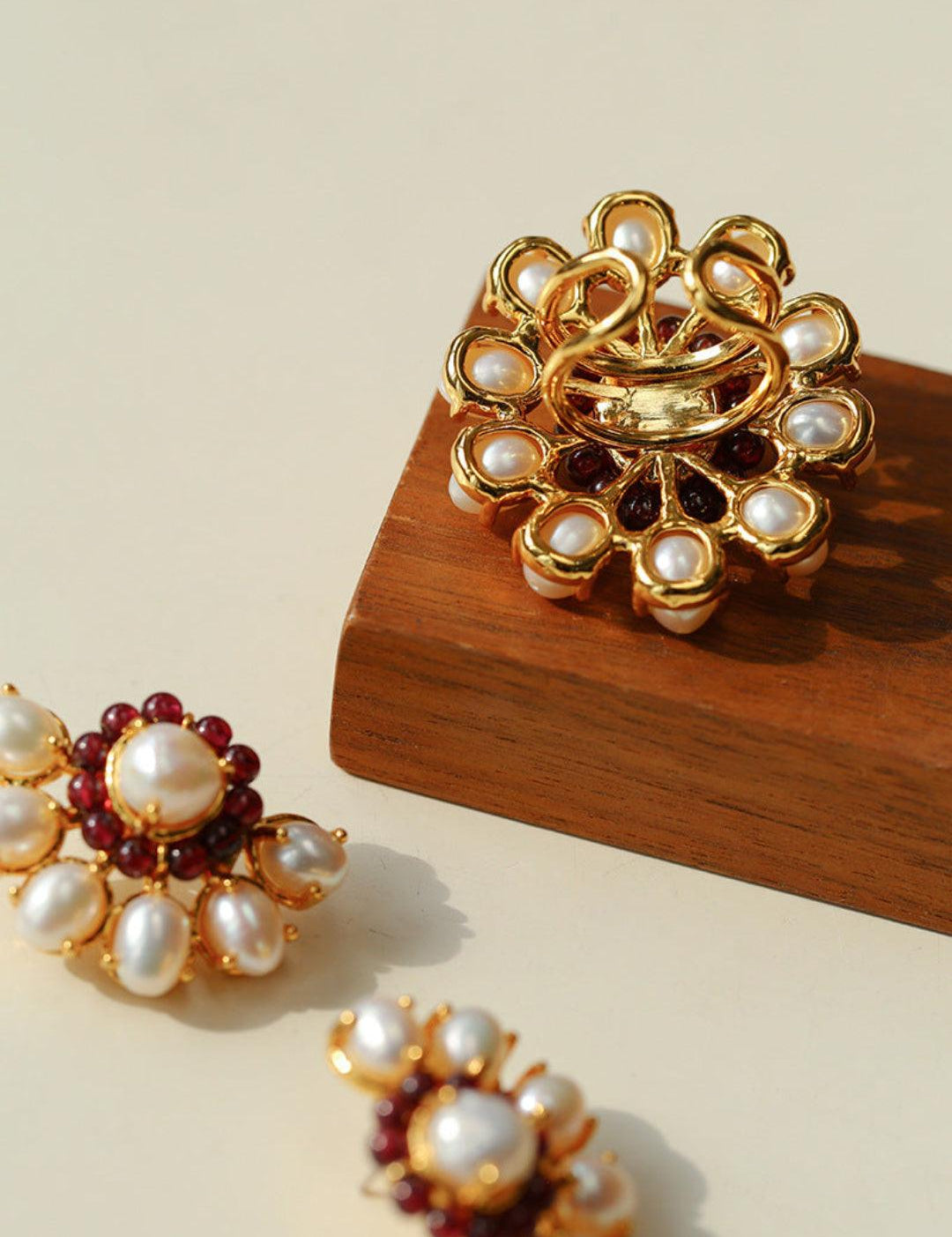 Natural Freshwater Pearl Garnet Stone Open Ring - Gembea Jewelry