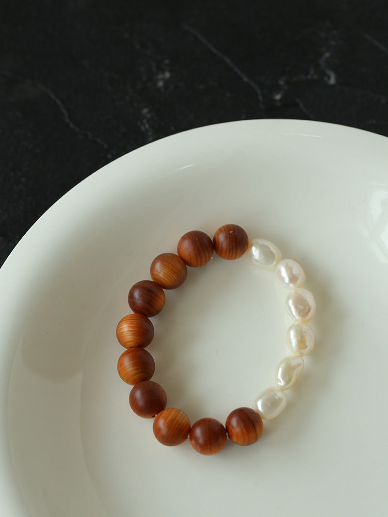 Wood Grain Bead Baroque Pearl Bracelet-Gembea Jewelry