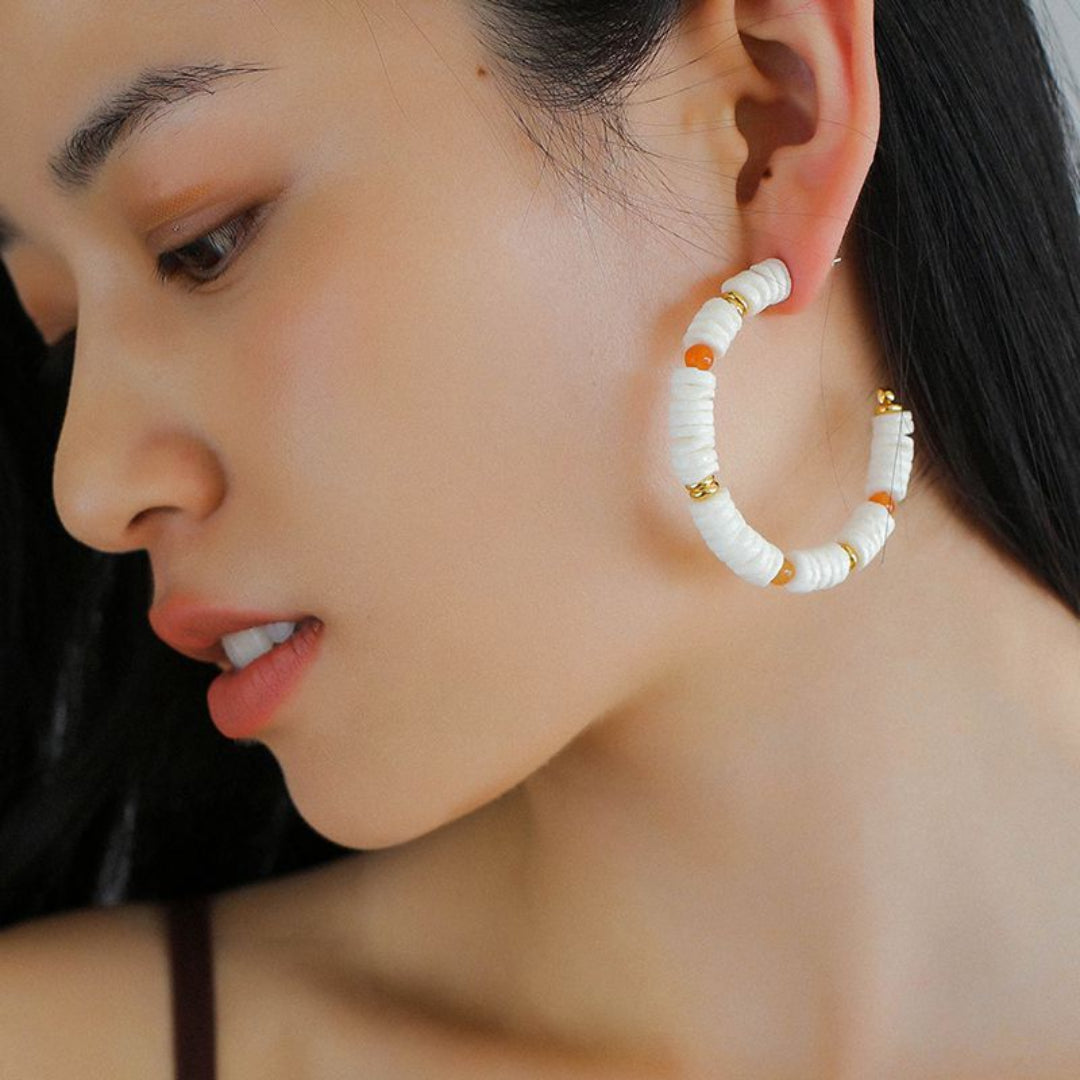 Colored Natural Stone Shell Beaded Hoop Earrings