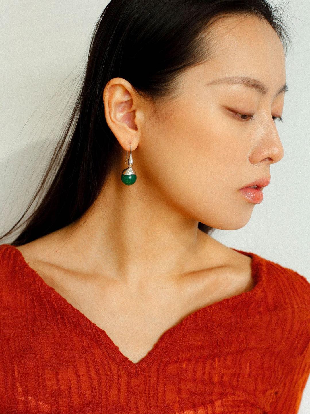 Red and Green Agate Gourd Ear Hook Earrings - Gembea Jewelry