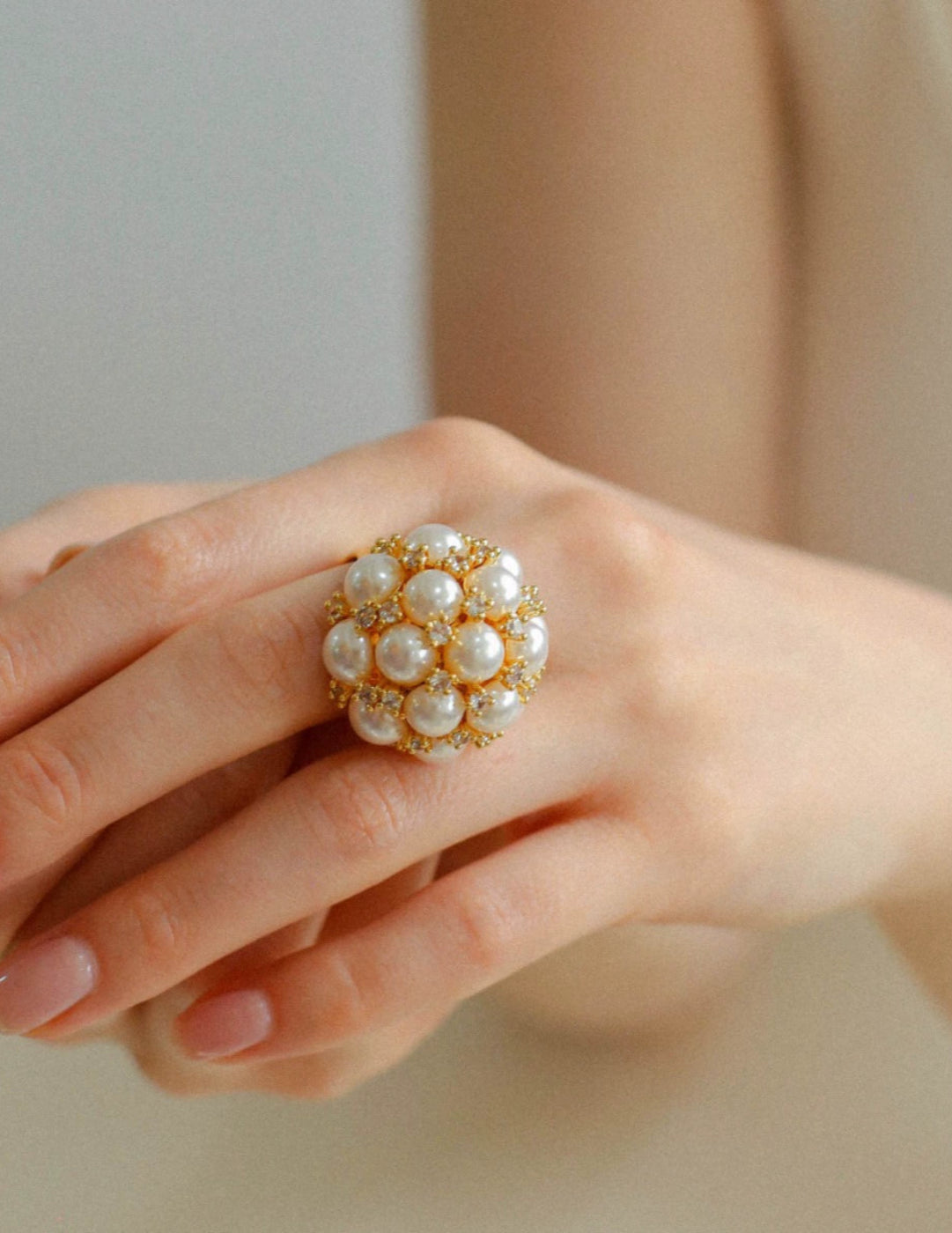 Full Star Flower Artificial Pearl Zircon Ring