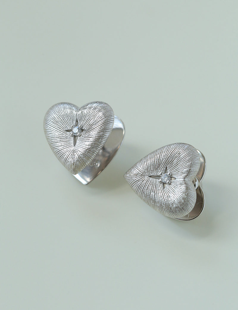 Silver Brushed Double-sided Heart Stud Earrings-Gembea Jewelry