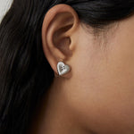 Silver Brushed Double-sided Heart Stud Earrings-Gembea Jewelry