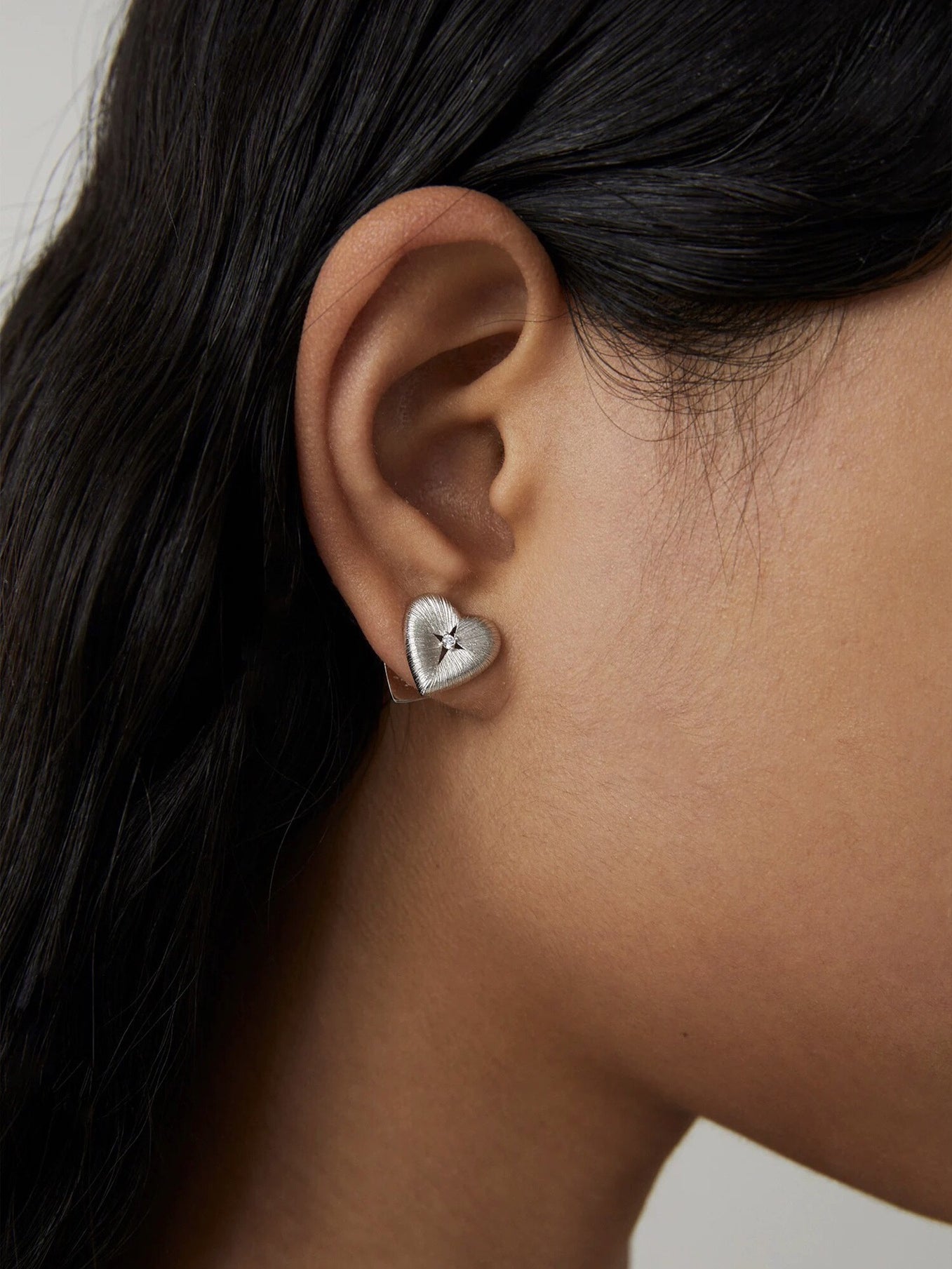 Silver Brushed Double-sided Heart Stud Earrings-Gembea Jewelry