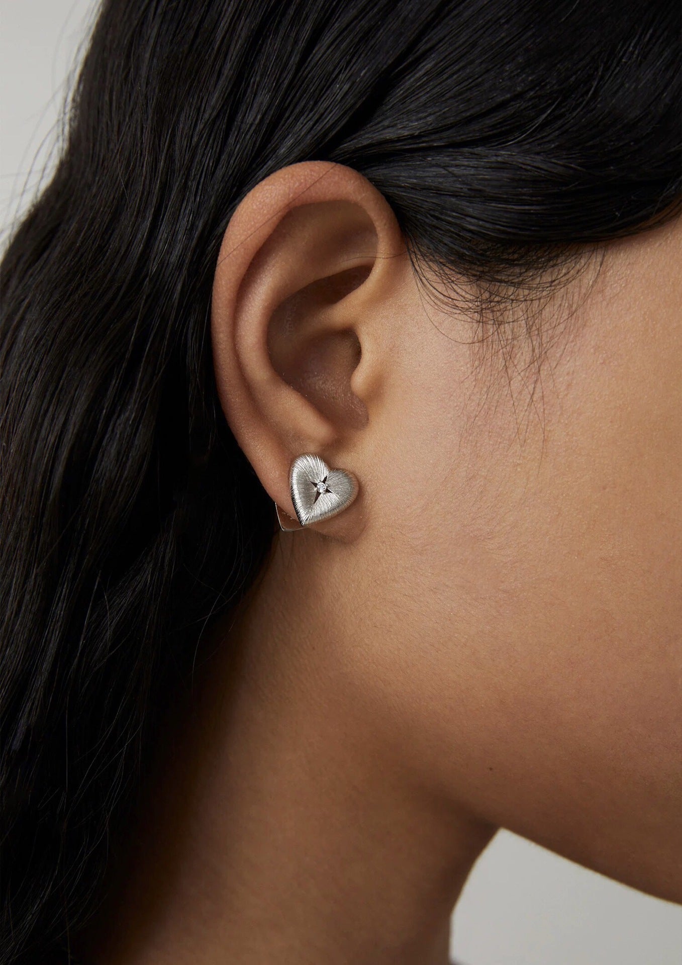 Silver Brushed Double-sided Heart Stud Earrings-Gembea Jewelry