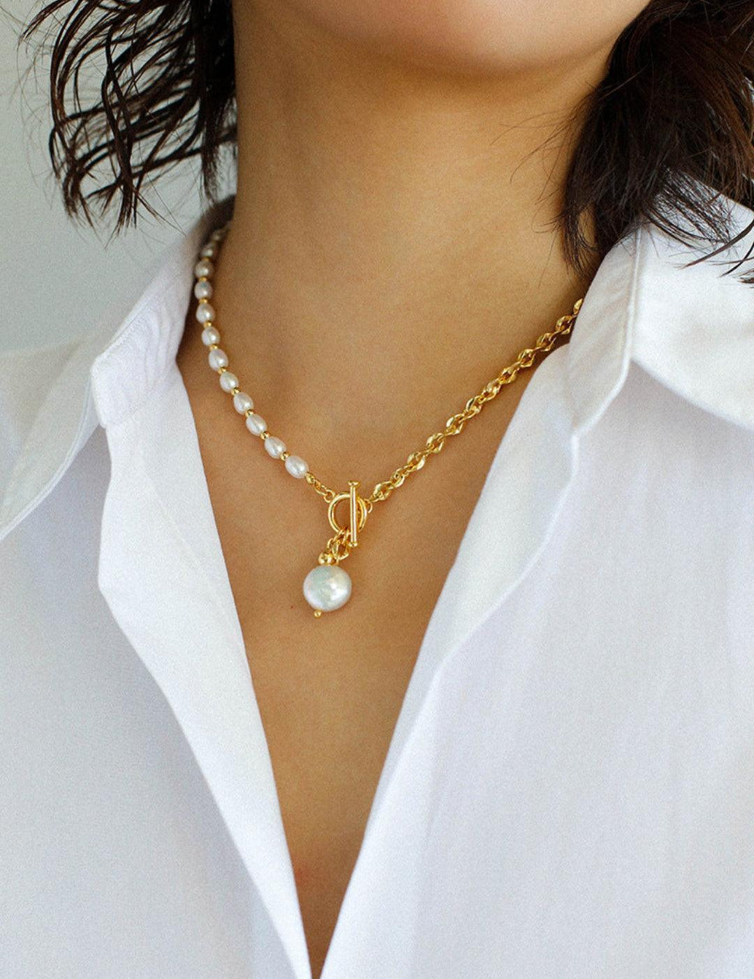 Y-shape Spliced Chain Pearl Necklace - Gembea Jewelry