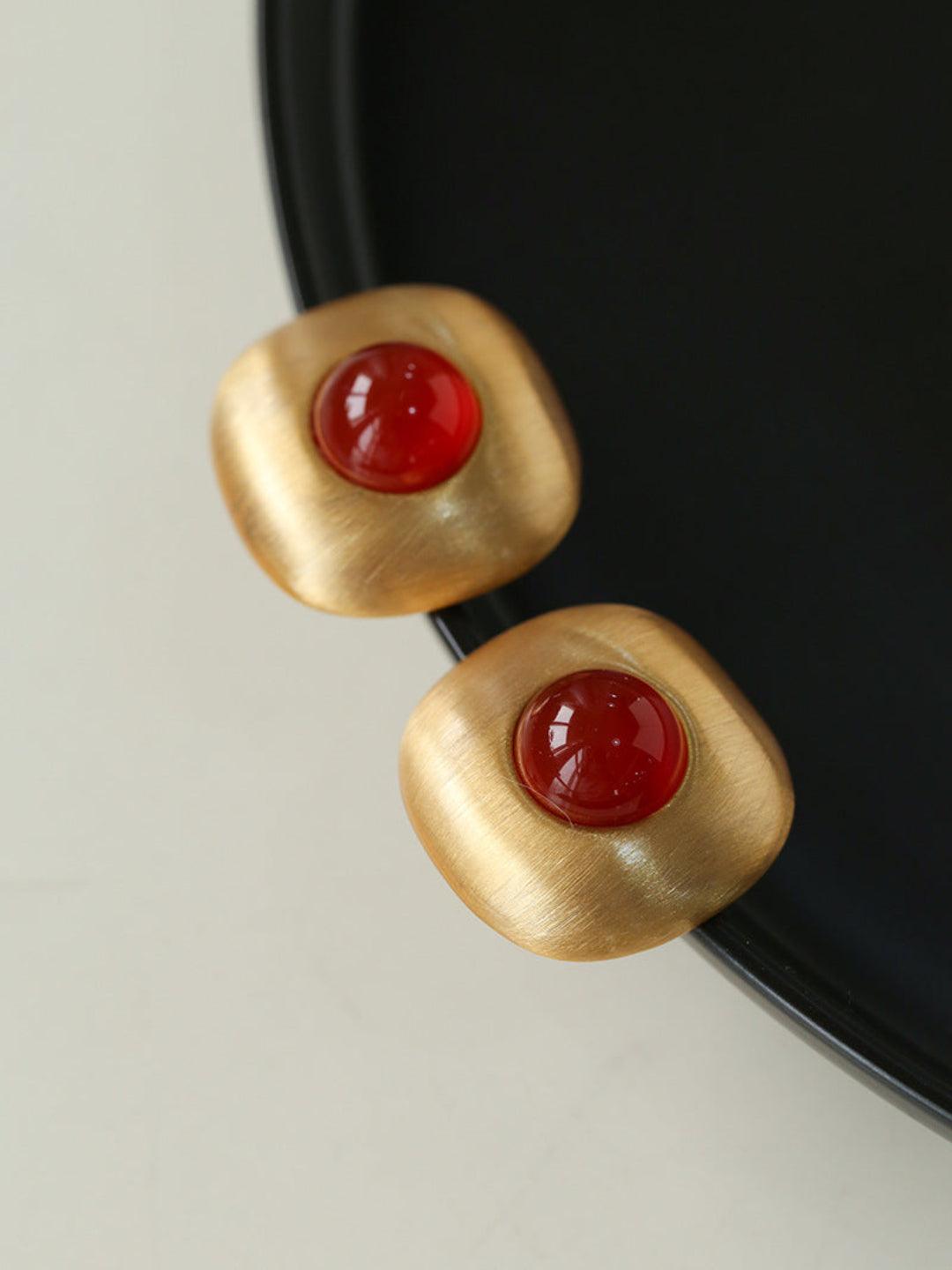 Brushed Metal Agate Stud Earrings