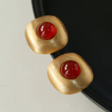 Brushed Metal Agate Stud Earrings