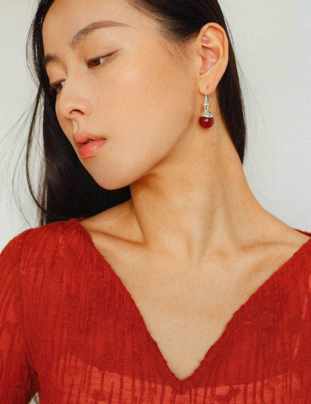 Red and Green Agate Gourd Ear Hook Earrings - Gembea Jewelry