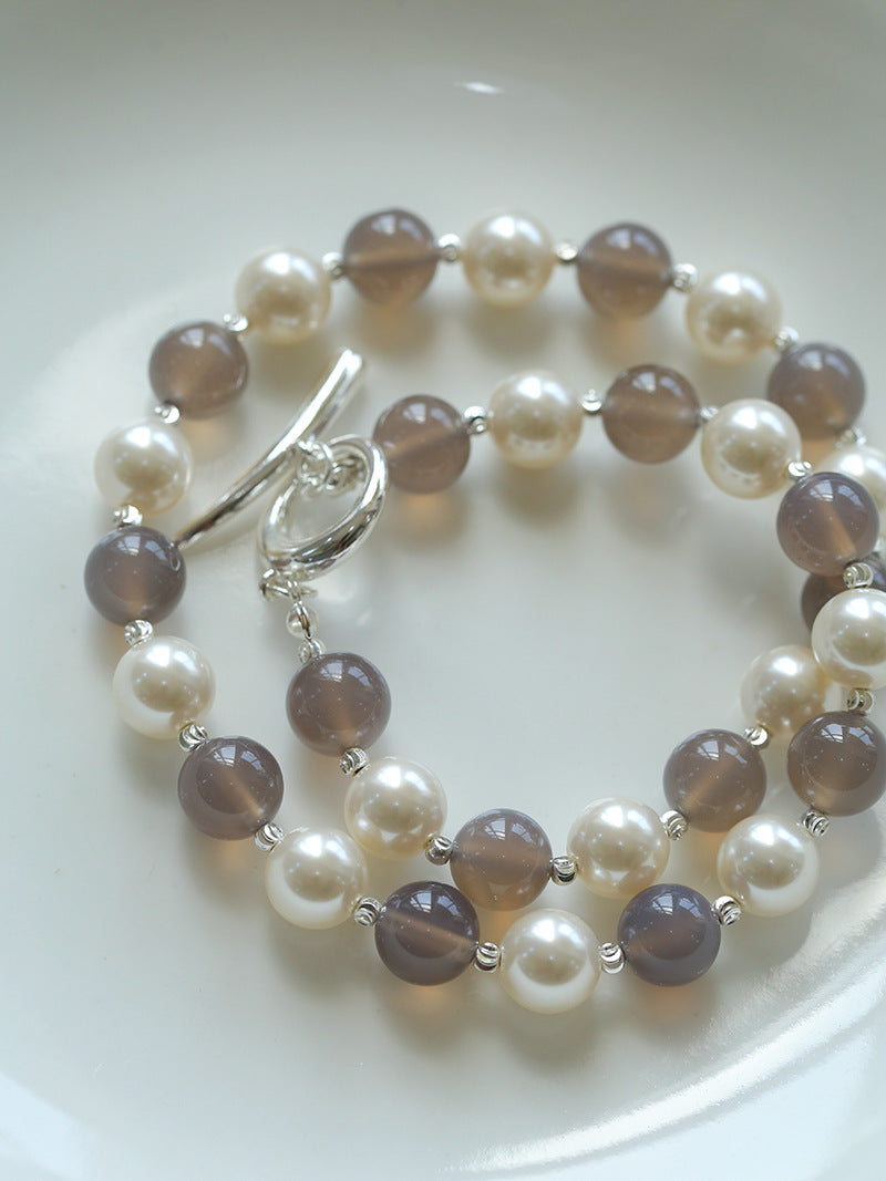 Grey Agate Artificial Pearl Beaded Necklace-Gembea Jewelry