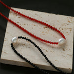 Single Pearl Black Red Agate Beaded Necklace