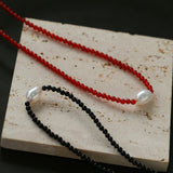 Single Pearl Black Red Agate Beaded Necklace