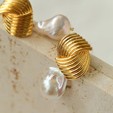 Spiral Striped Metal Baroque Pearl Drop Earrings