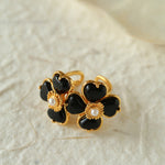 Double Four Leaf Clover Black Agate Crystal Ring