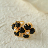 Double Four Leaf Clover Black Agate Crystal Ring