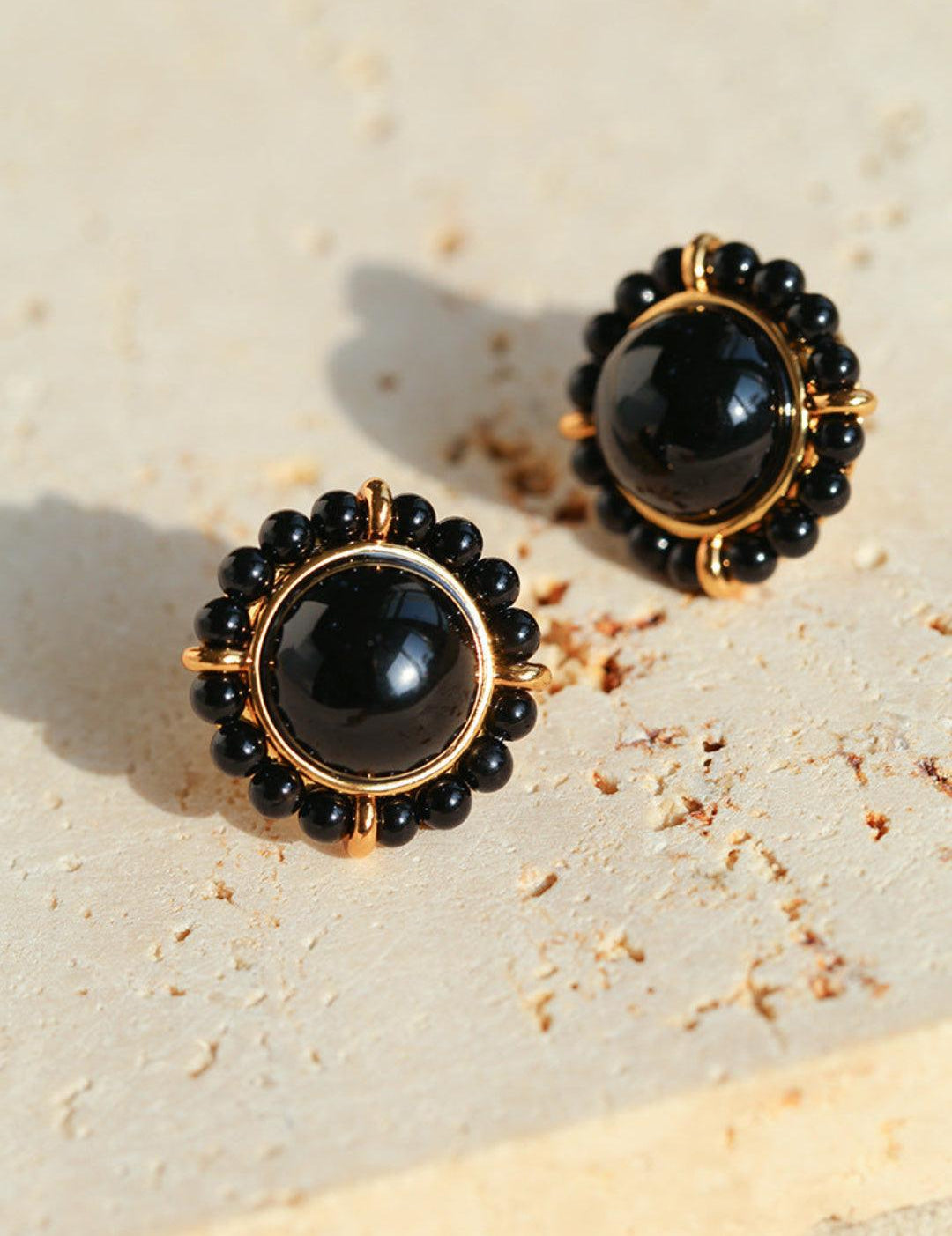 White Crystal Black and Red Agate Stud Earrings - Gembea Jewelry