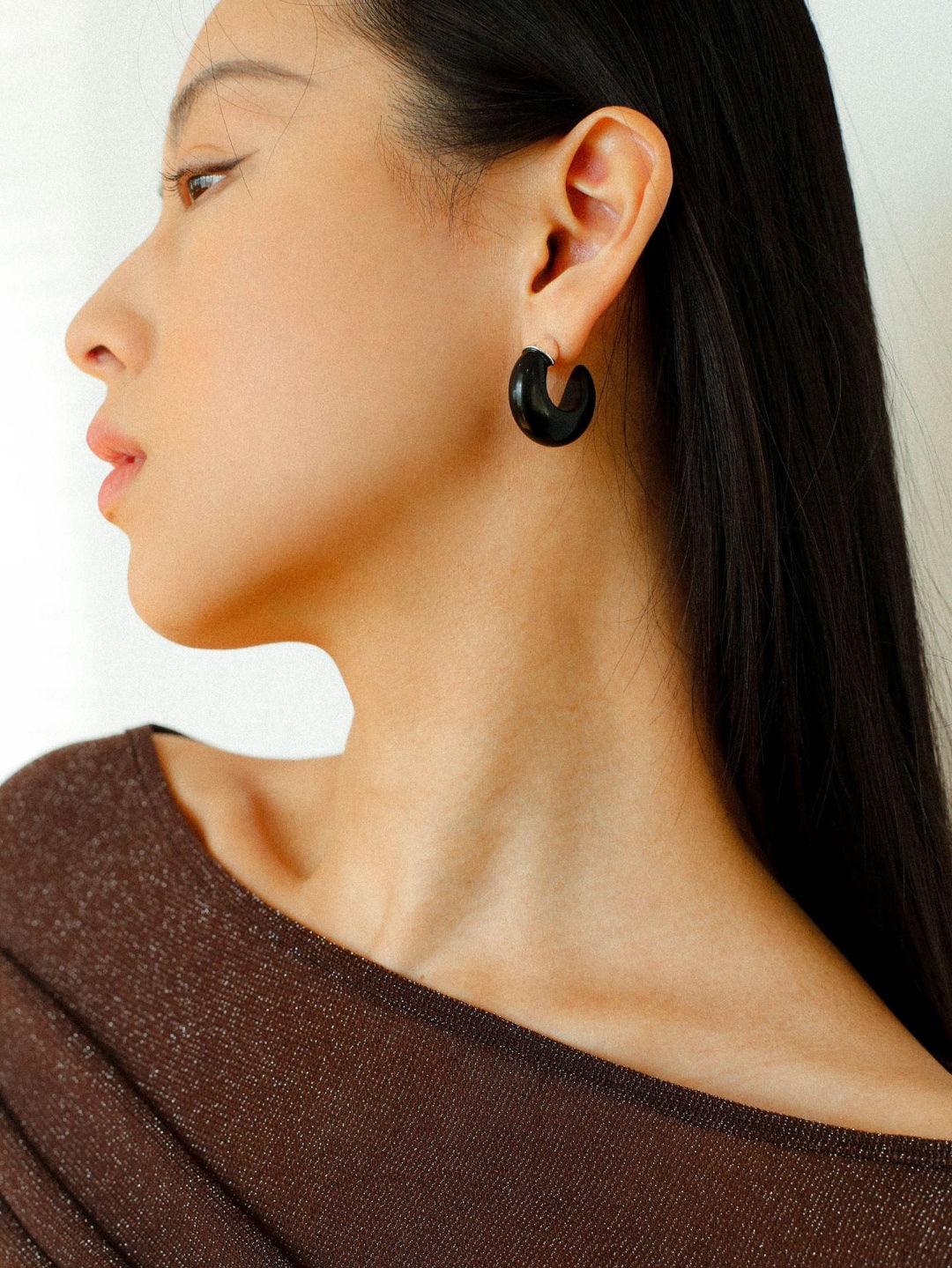 Black Agate Tiger Eye Stone Moon Bud Earrings - Gembea Jewelry